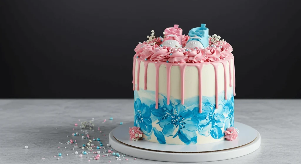 A gender reveal cake with pink drip frosting, blue floral decorations on the side, and topped with baby shoe decorations in pink and blue, surrounded by small pearl sprinkles and delicate flowers.