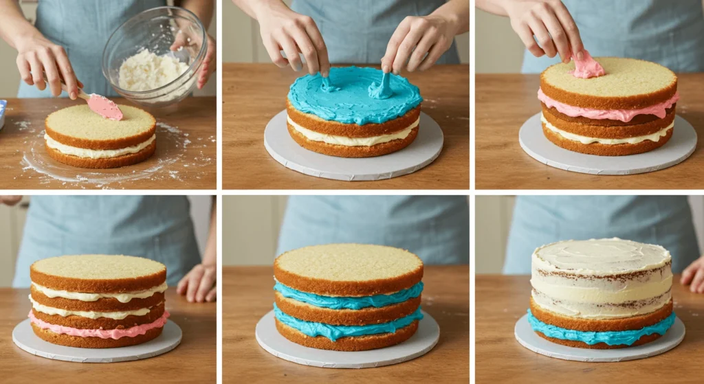 A step-by-step process of assembling a gender reveal cake, showing layers of sponge cake with blue and pink frosting alternated, topped with a crumb coat of white frosting