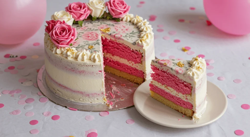 Close-up of a cake slice revealing a colorful interior