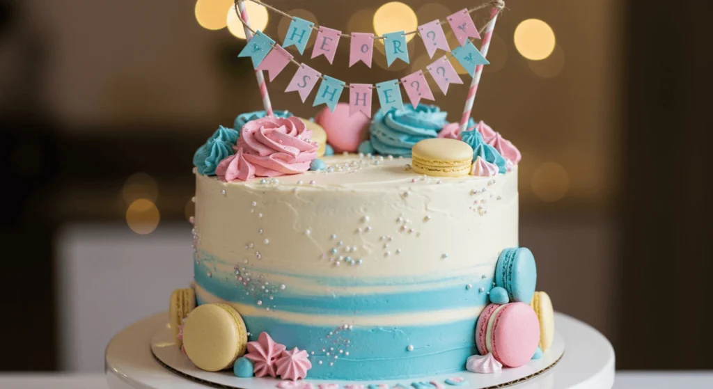 A pastel-themed gender reveal cake decorated with pink and blue frosting swirls, macarons, and a mini banner reading 'He or She?' on top.