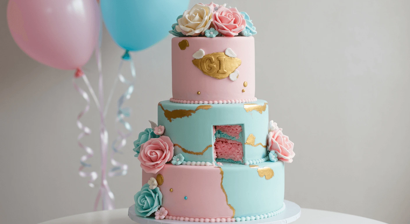 A pastel-colored gender reveal cake with a smooth frosting finish, topped with a question mark decoration and surrounded by small props like balloons and confetti, hinting at the celebration theme.