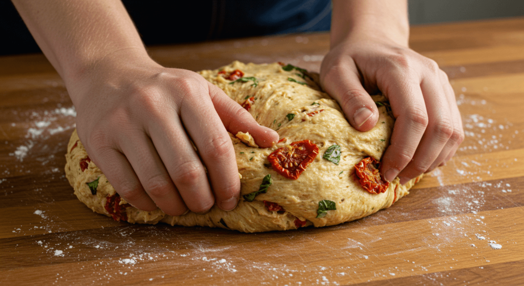 Hands kneading tomato basil bread dough, with visible bits of tomato and basil mixed into the dough.