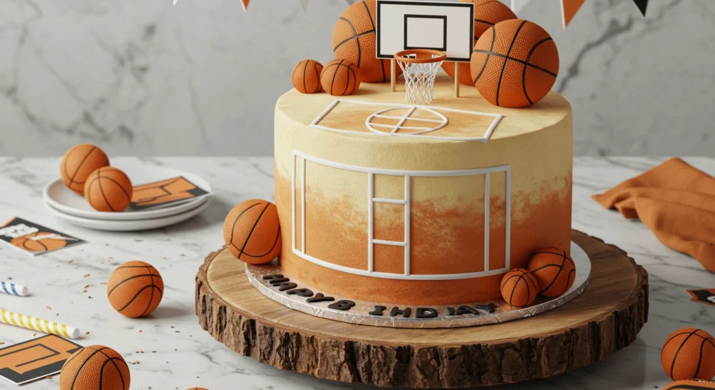 Basketball court cake with orange and yellow gradient fondant, decorated with basketballs, hoop, and fondant court lines, set against a basketball-themed backdrop.