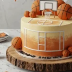 Basketball court cake with orange and yellow gradient fondant, decorated with basketballs, hoop, and fondant court lines, set against a basketball-themed backdrop.