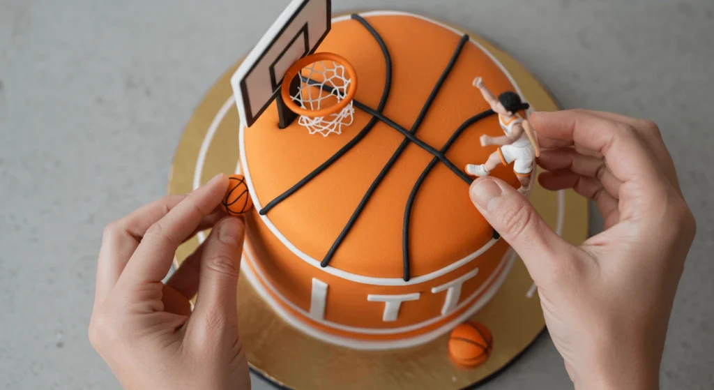 Basketball cake being decorated with a mini player figurine and basketballs, showing the final touches on a basketball-themed cake.