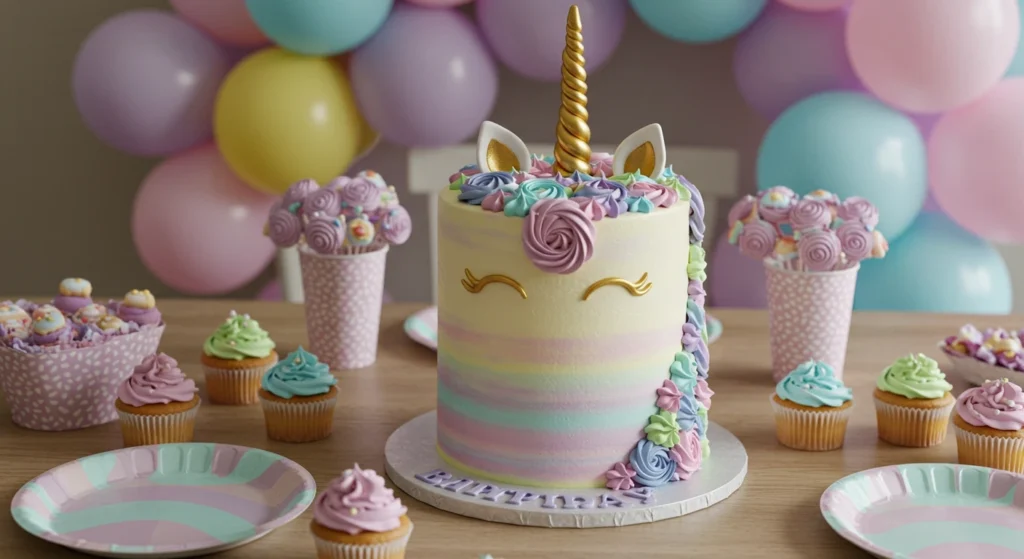 Unicorn cake with pastel frosting and a golden horn as the centerpiece of a birthday table, surrounded by cupcakes and colorful balloons.