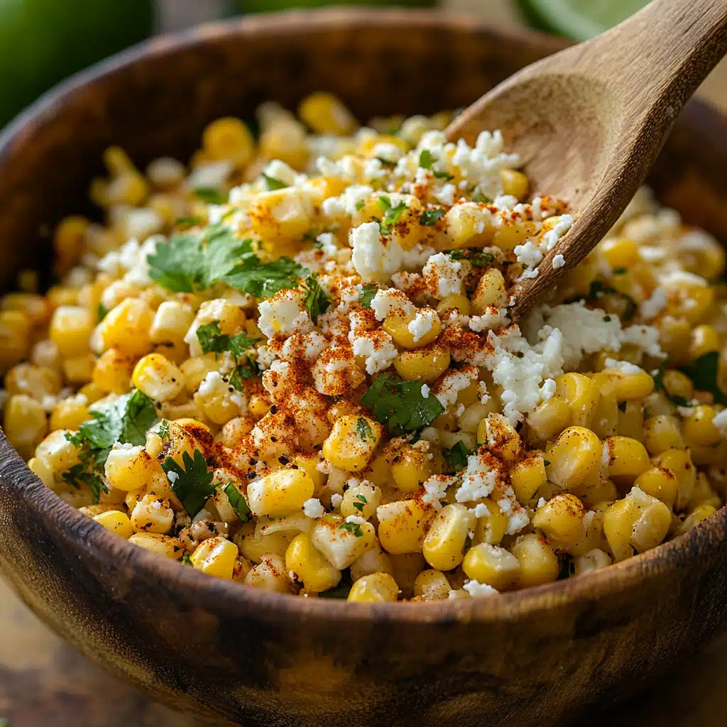 A rustic bowl of creamy street corn being mixed with cotija cheese, lime, and chili powder.