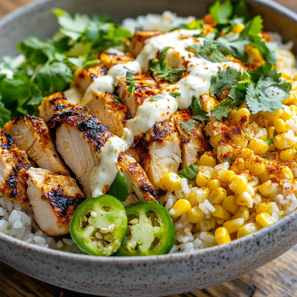 A vibrant close-up of a Street Corn Chicken Rice Bowl with grilled chicken, creamy roasted corn, and fresh garnishes.