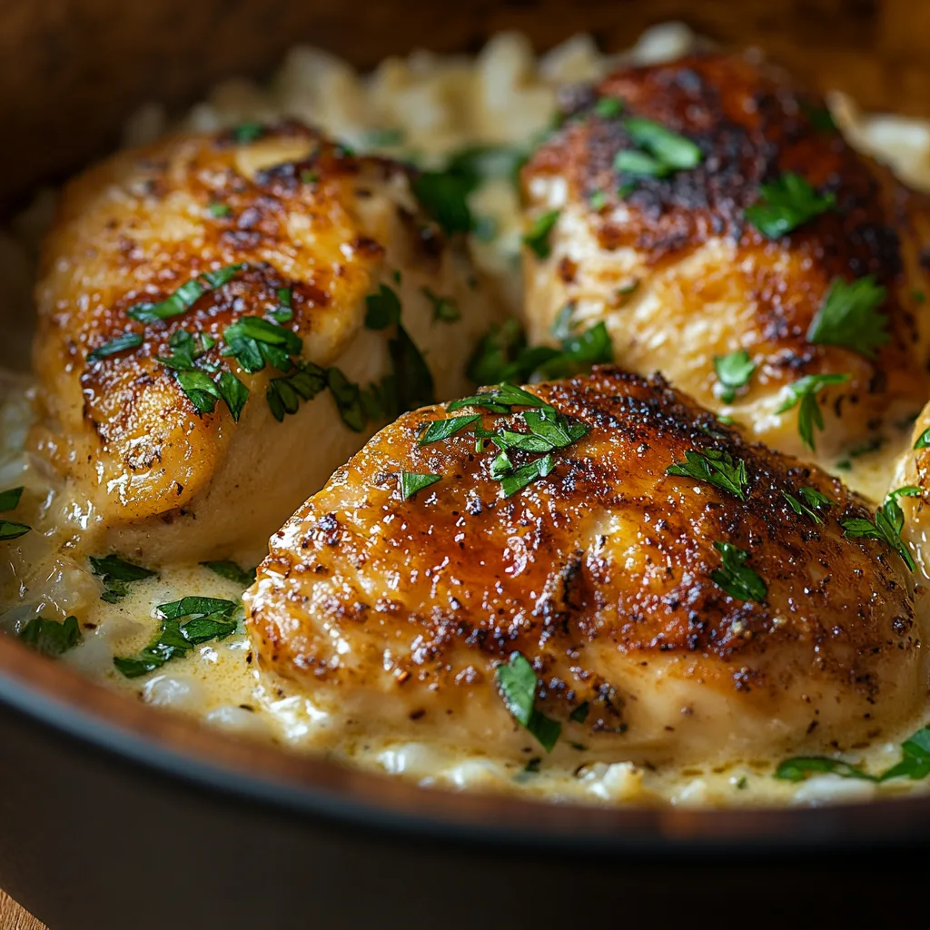 A close-up of a baked chicken casserole with rice and sauce, garnished with parsley.