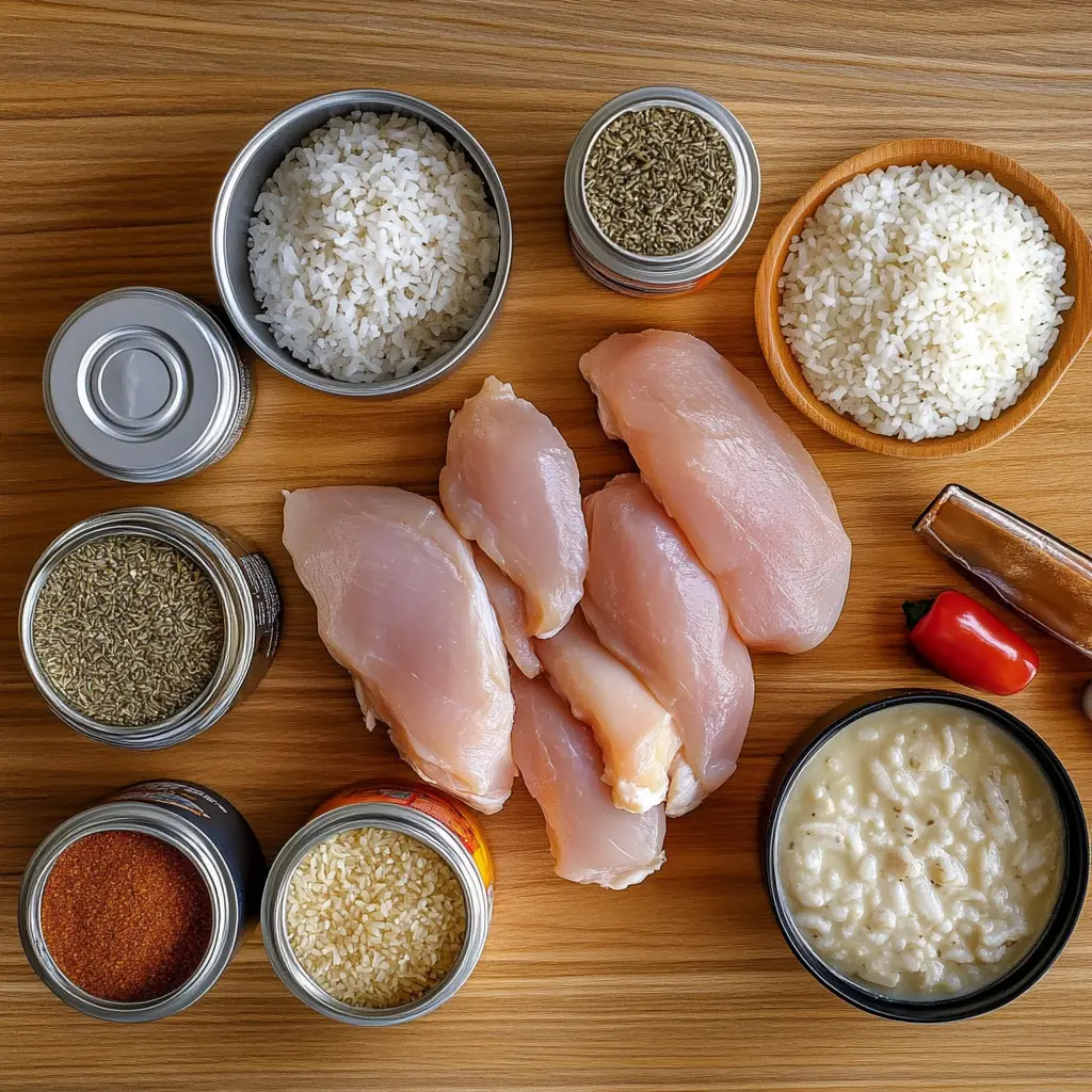 Ingredients for chicken casserole arranged on a wooden counter.