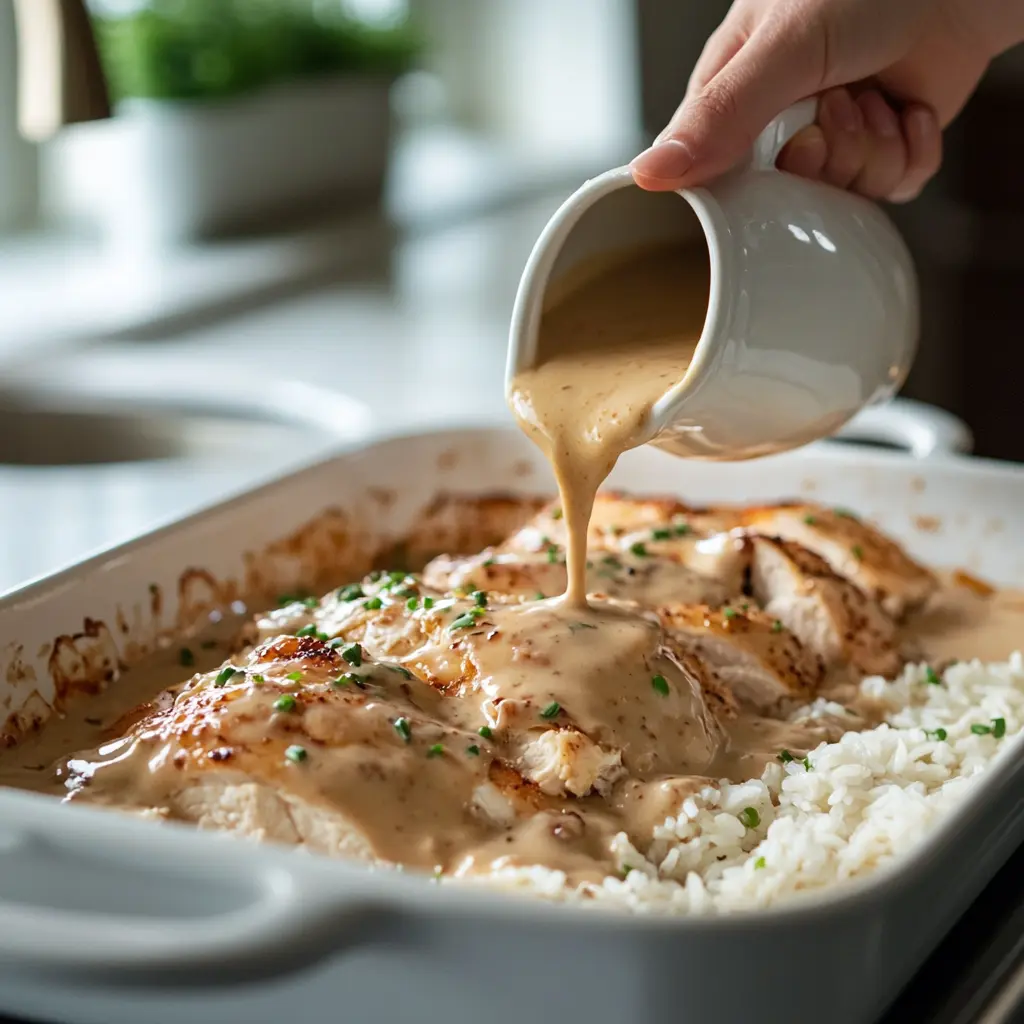 A hand pouring soup over chicken and rice in a casserole dish.