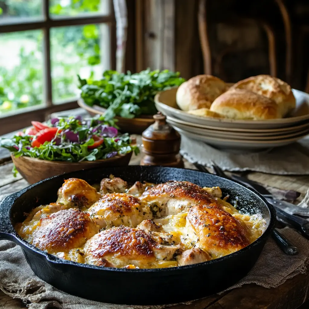 Rustic table setting with baked chicken casserole and sides.