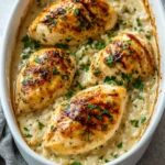 Golden casserole dish with baked chicken breasts on a bed of creamy rice, garnished with fresh parsley for added color and flavor.