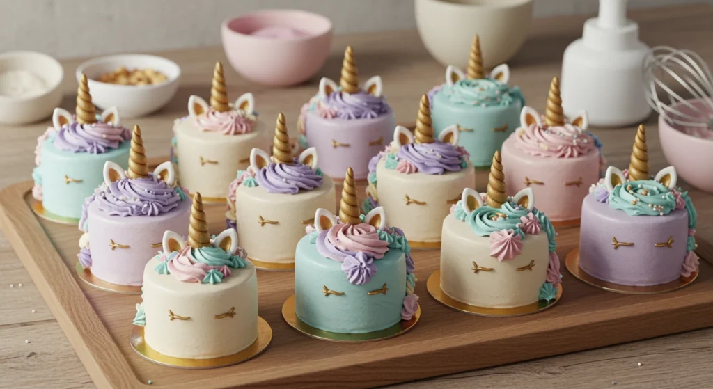 Mini unicorn cakes on a wooden tray, decorated with pastel frosting swirls, golden fondant horns, and edible glitter in a cozy kitchen setting.