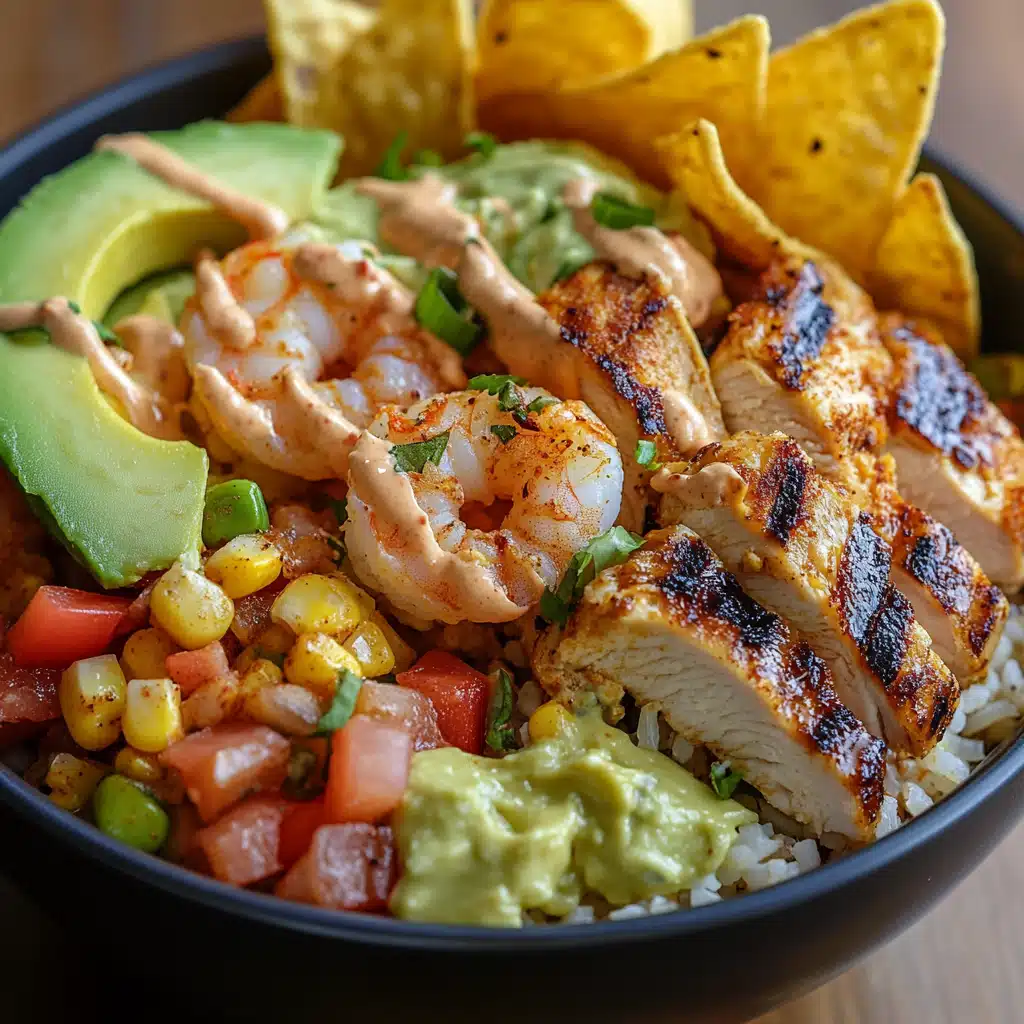 A Street Corn Chicken Rice Bowl with grilled shrimp, crunchy tortilla chips, and creamy chipotle sauce.