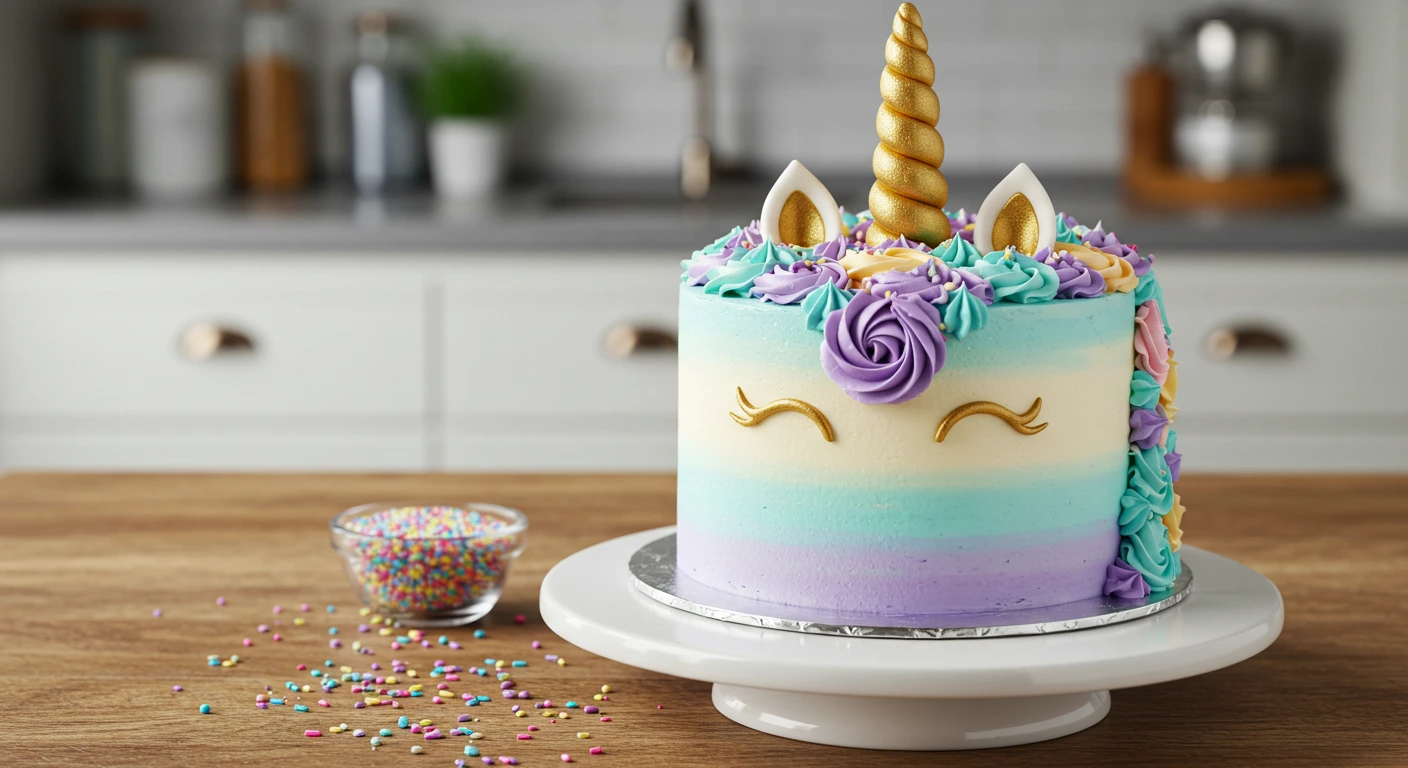 Unicorn cake with pastel ombre frosting, golden fondant horn, and colorful sprinkles on a white cake stand in a cozy kitchen setting.