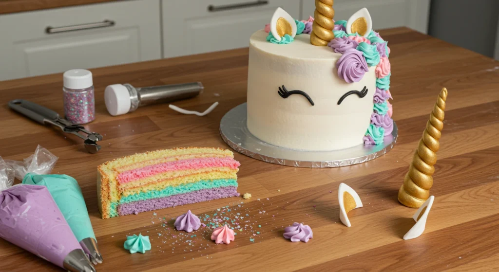 Unicorn cake in the decorating process, featuring pastel rainbow layers, piping bags, edible glitter, and fondant accessories on a wooden countertop.