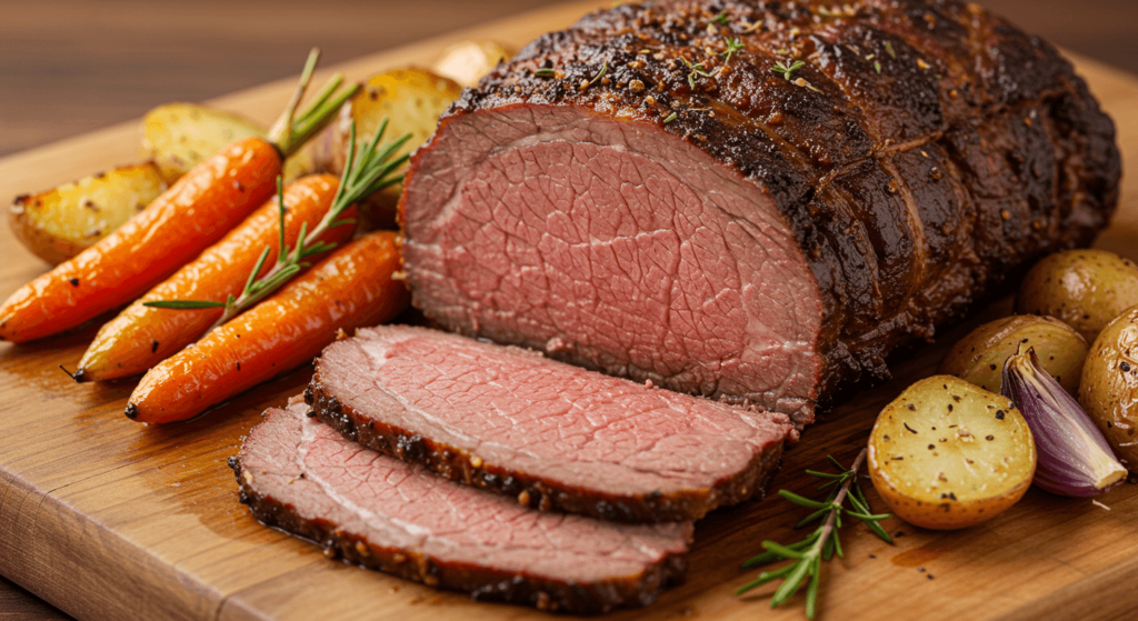 Perfectly smoked beef roast sliced to reveal a juicy interior, surrounded by roasted vegetables on a rustic wooden board