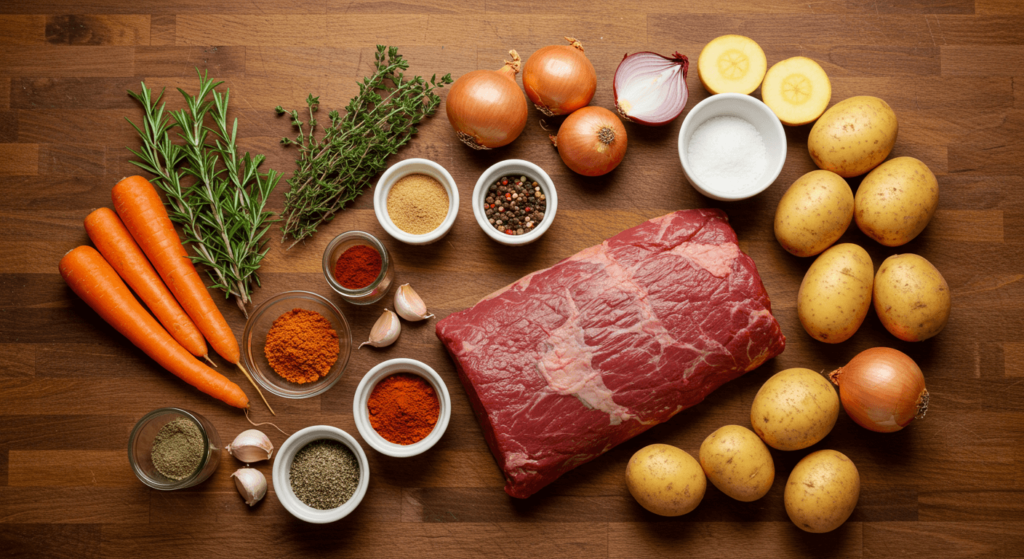 Raw beef roast, dry rub spices, fresh herbs, and vegetables neatly arranged for preparing a smoked beef roast.