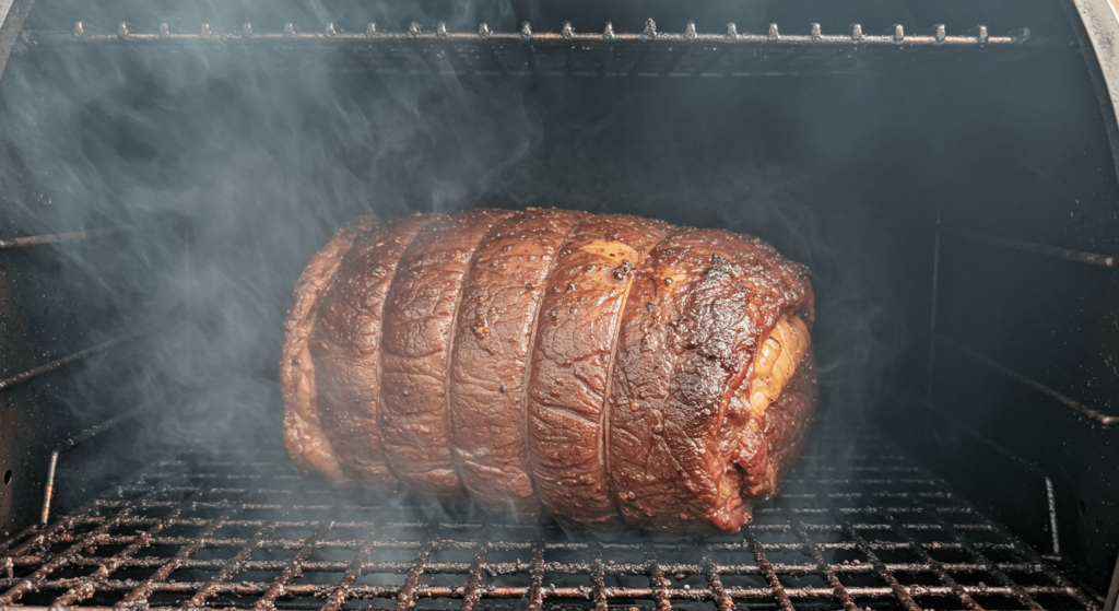 Beef roast placed inside a smoker with visible smoke swirling around the meat.