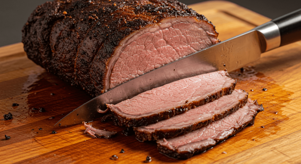 Smoked beef roast resting on a cutting board, ready to be sliced with juices pooling around it.