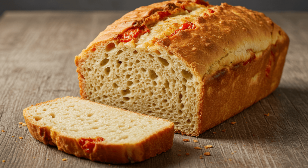 Freshly baked tomato basil bread loaf with a golden crust and soft crumb, showcasing bits of tomato and basil.