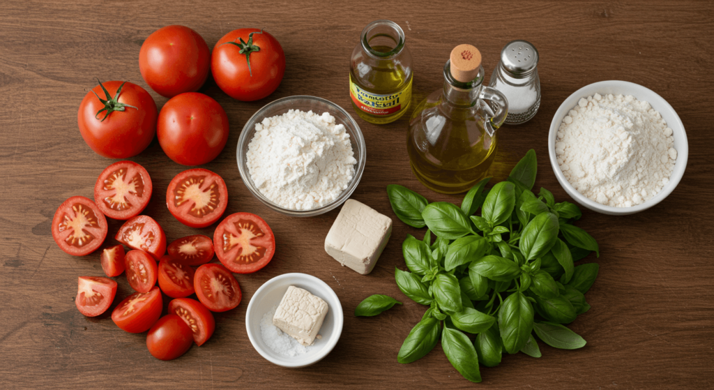 Ingredients for tomato basil bread: fresh tomatoes, basil, flour, yeast, olive oil, and salt, neatly arranged on a wooden counter.