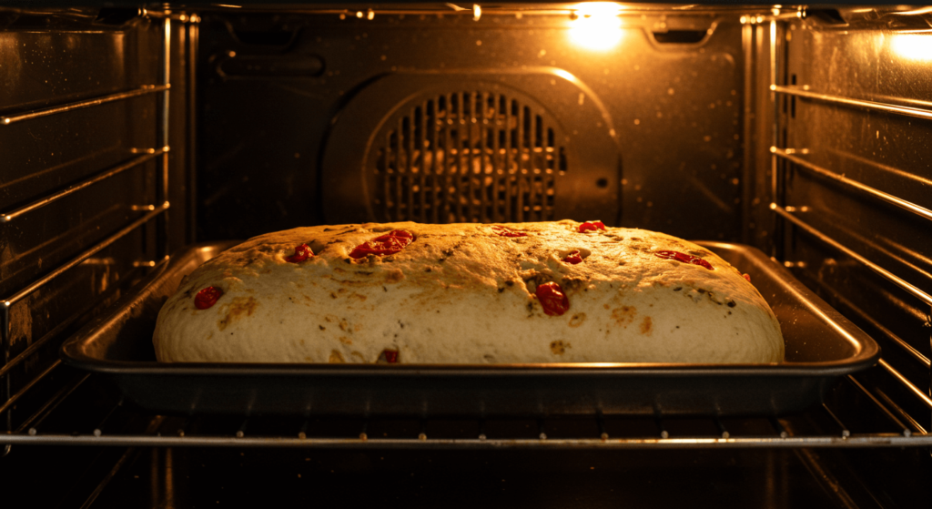 Tomato basil bread baking in the oven, with the dough rising and developing a golden crust.