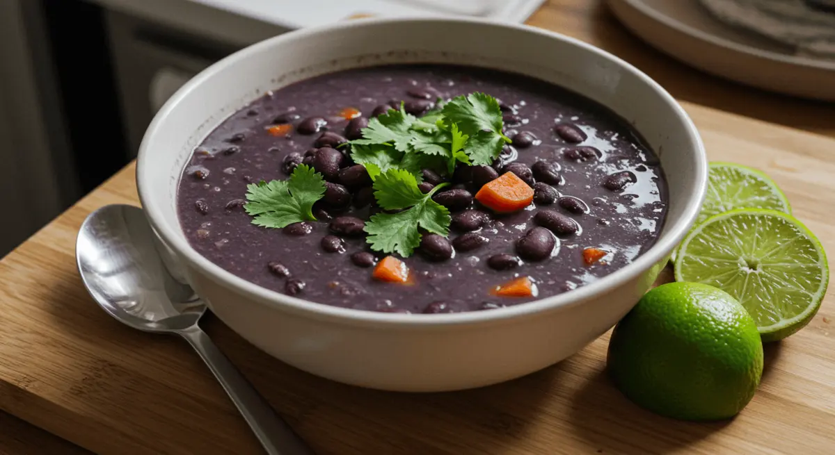 Purple Black Bean Soup served in a rustic bowl with cilantro and lime, showcasing a rich and vibrant final dish.