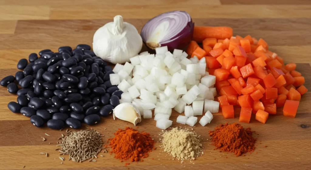 Fresh ingredients for Purple Black Bean Soup, including purple black beans, carrots, bell peppers, onions, and spices.