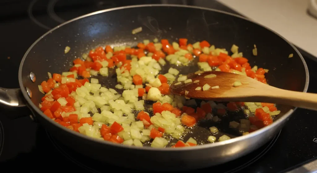 Sautéing onions, garlic, and vegetables in olive oil for Purple Black Bean Soup on the stovetop.