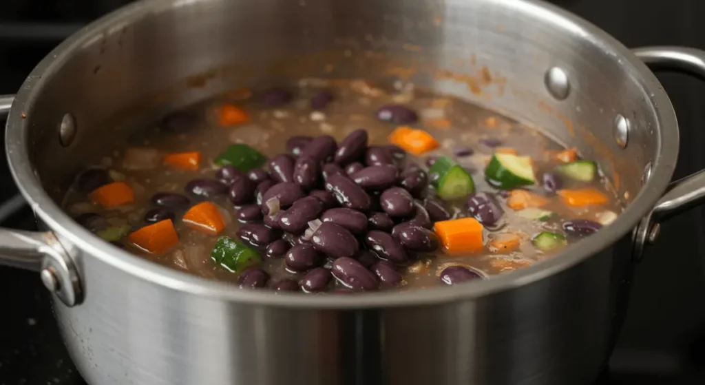 Simmering Purple Black Bean Soup with beans, vegetables, and broth in a pot on the stove.