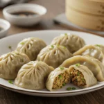 Delicious vegan soup dumplings with translucent dough, filled with plant-based broth, served with dipping sauce.