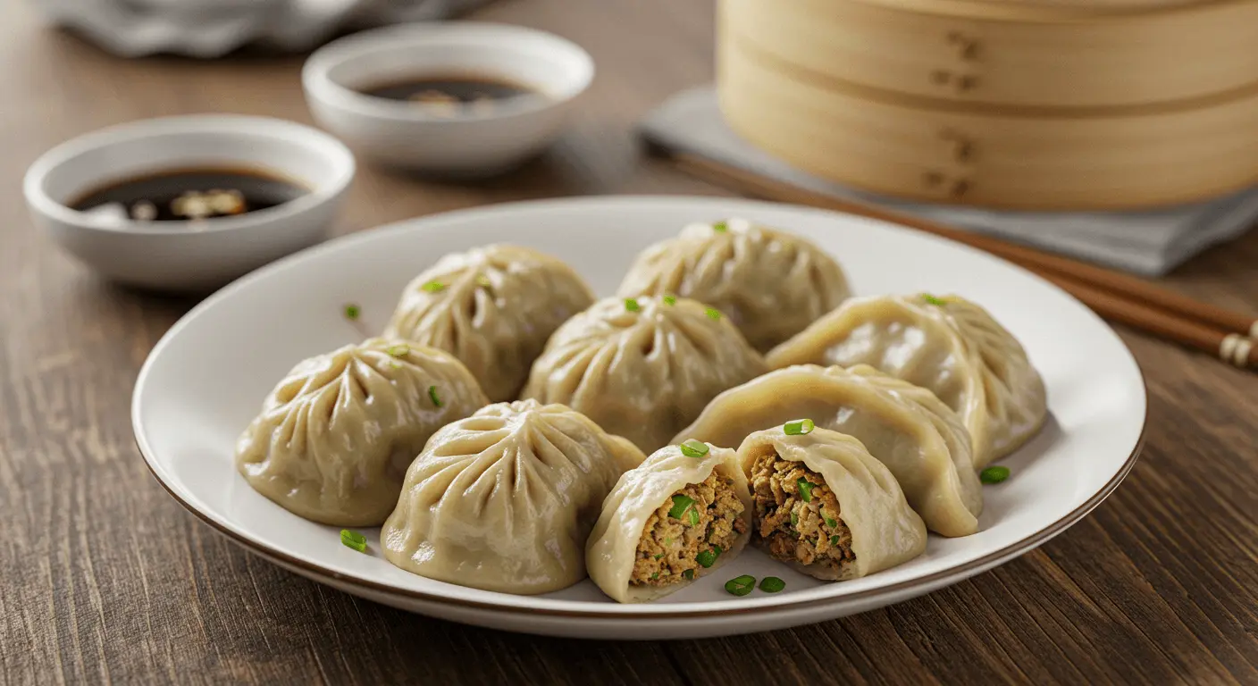 Delicious vegan soup dumplings with translucent dough, filled with plant-based broth, served with dipping sauce.