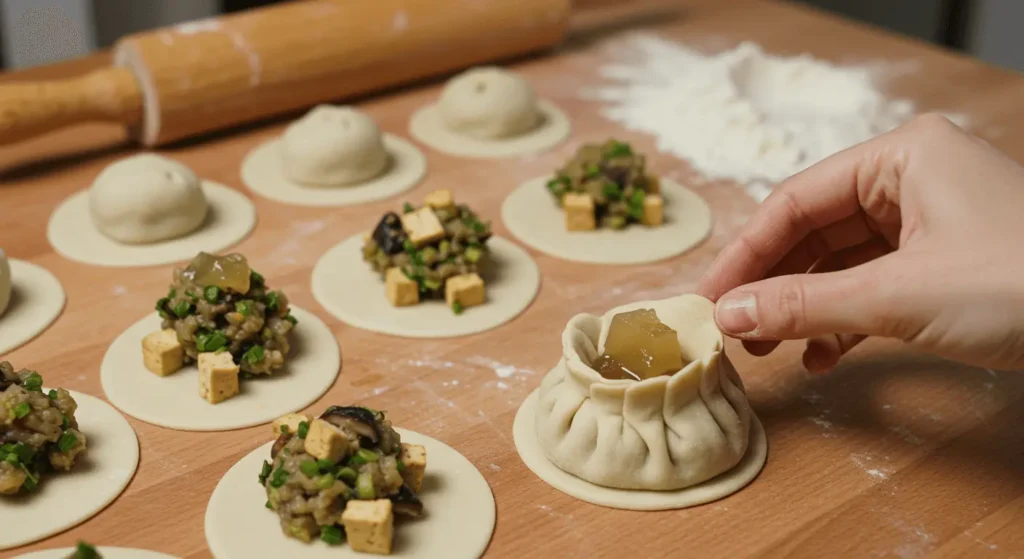 Preparing vegan soup dumplings with tofu, shiitake mushrooms, and plant-based broth filling, folding dough around the ingredients.