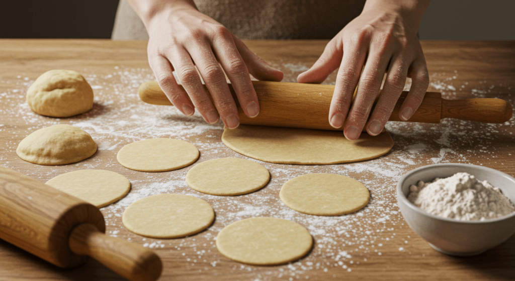 Rolling out dough for vegan soup dumplings on a floured surface, ready for assembling.