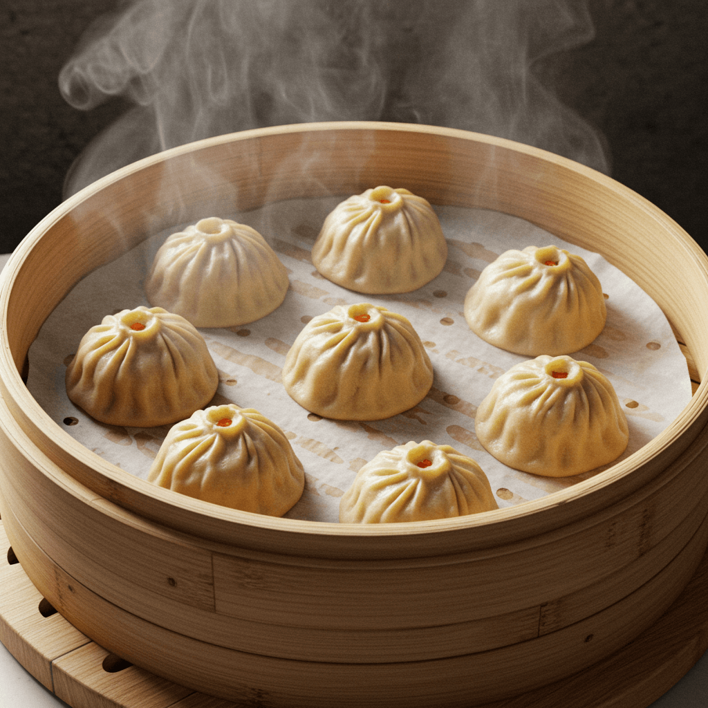 Steaming vegan soup dumplings in a bamboo steamer, with translucent dough and plant-based filling.