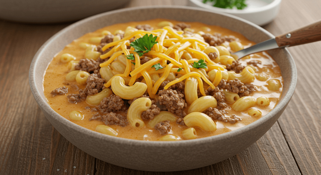 Delicious bowl of cheeseburger macaroni soup with ground beef, elbow macaroni, cheddar cheese, and fresh parsley.