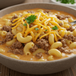 Delicious bowl of cheeseburger macaroni soup with ground beef, elbow macaroni, cheddar cheese, and fresh parsley.