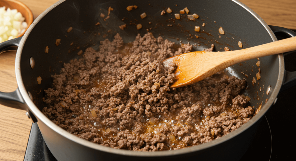 Ground beef browning in a pot for cheeseburger macaroni soup with diced onions and garlic in the background.