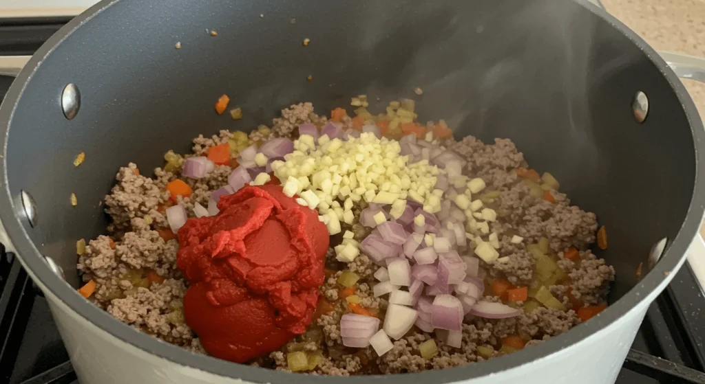 Adding diced onions, garlic, and tomato paste to browned ground beef for cheeseburger macaroni soup.