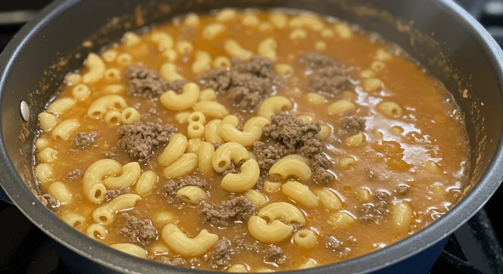 Cheeseburger macaroni soup simmering in a pot with beef, potatoes, and macaroni in the broth.