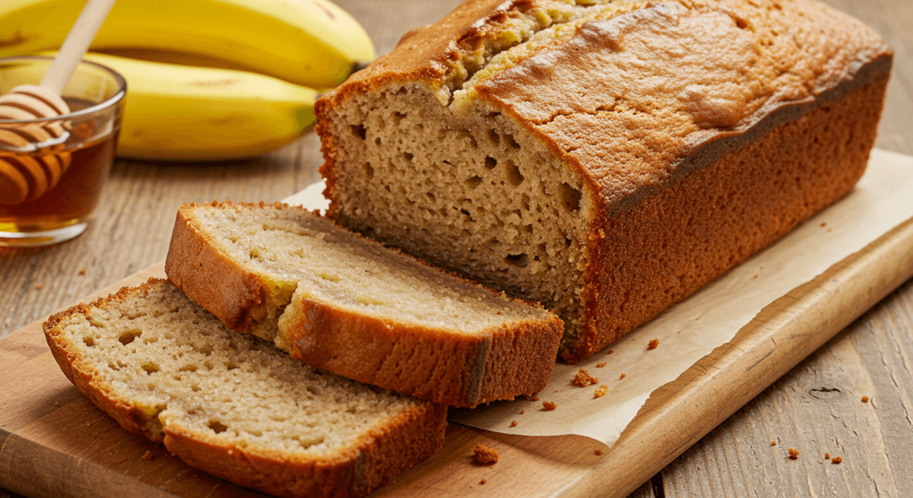 Freshly baked banana bread without butter, sliced to show moist, fluffy texture.