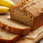 Freshly baked banana bread without butter, sliced to show moist, fluffy texture.