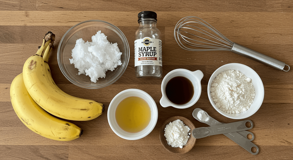 Ingredients for banana bread without butter, including ripe bananas, coconut oil, maple syrup, flour, and baking powder.