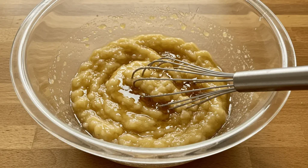 Wet ingredients for banana bread without butter being mixed, with mashed bananas, maple syrup, and coconut oil.