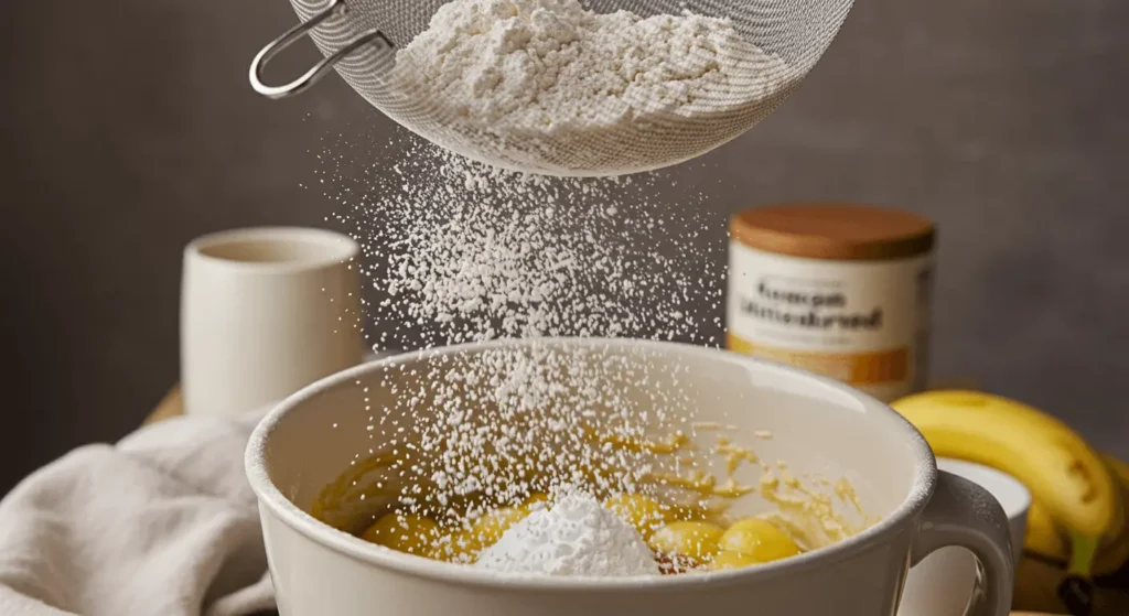 Sifting flour, baking powder, and baking soda for banana bread without butter.