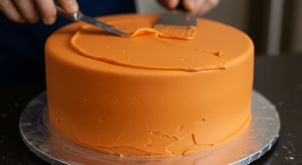 Smooth orange fondant being applied to a cake with a spatula, showing the process of frosting a basketball-themed cake.