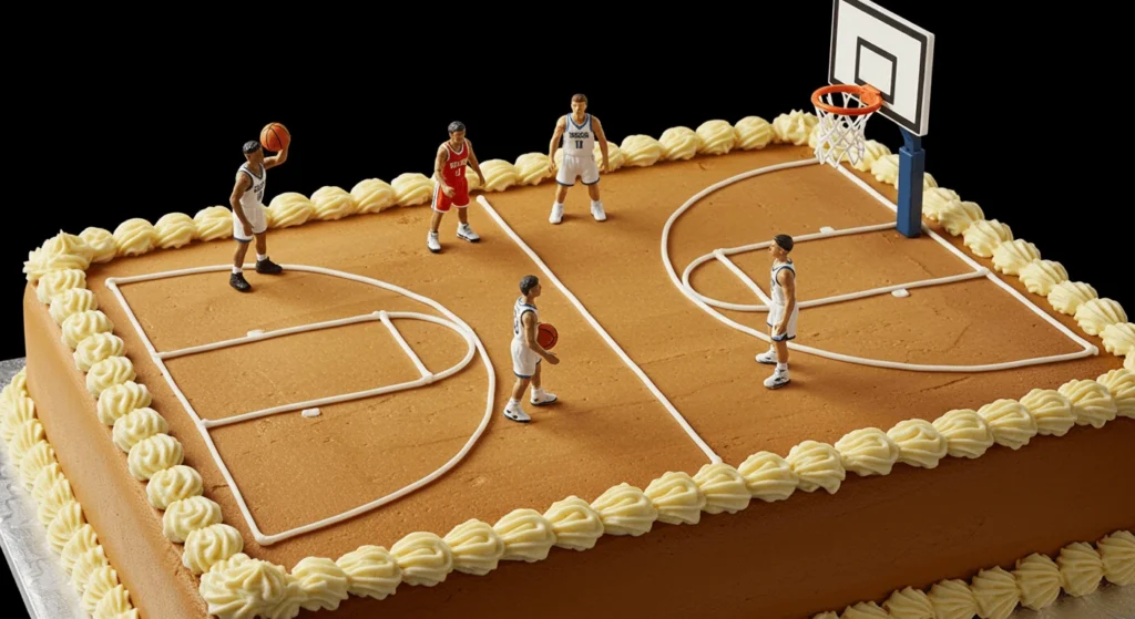 Basketball court-themed cake with action figures of players, complete with court lines and a hoop, decorated with cream piping.