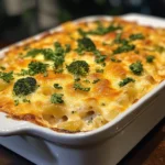 A golden, bubbly Chicken Broccoli Alfredo Bake served in a white baking dish, topped with melted cheese and garnished with fresh parsley.